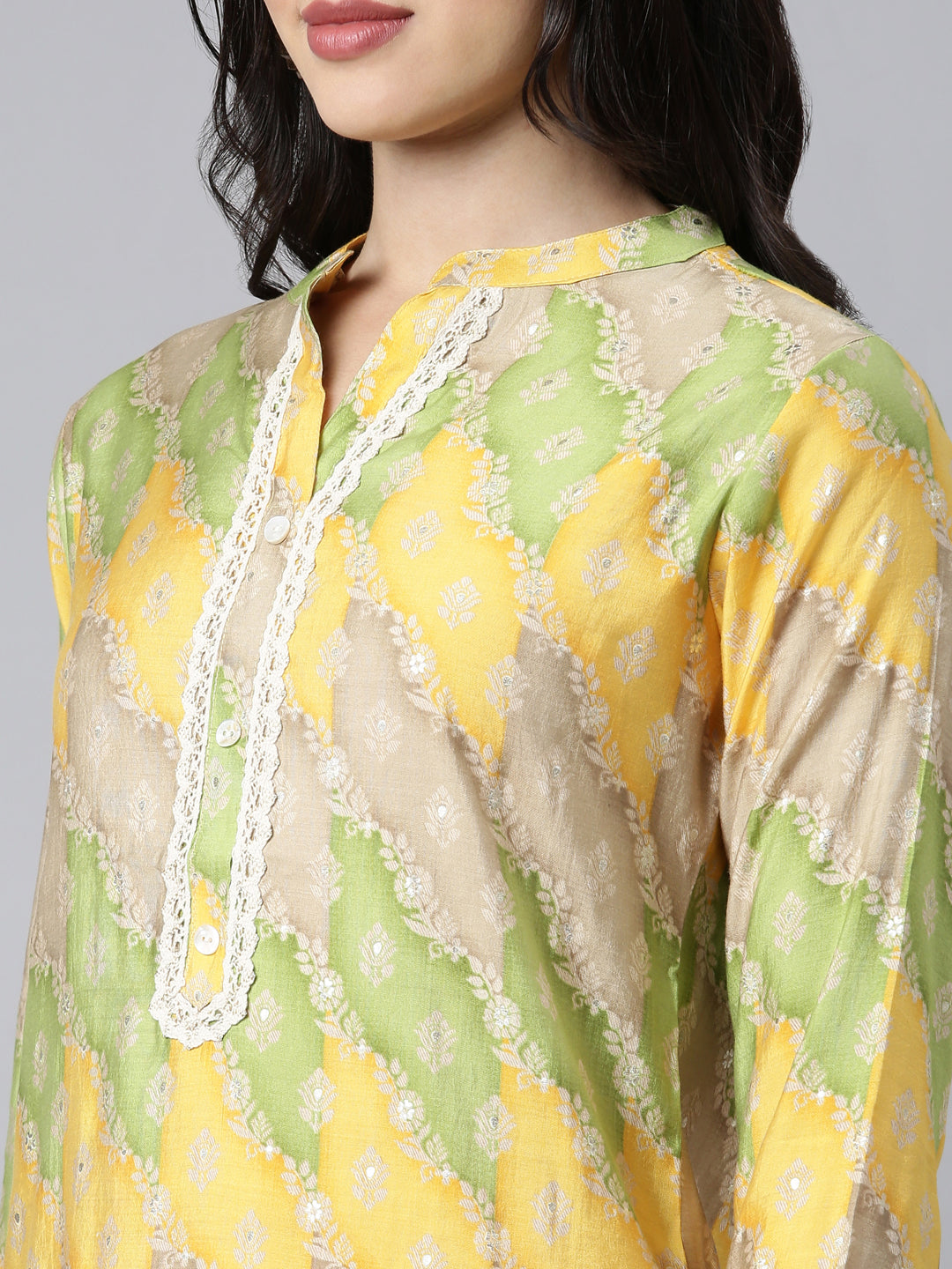 Neerus Yellow muslin printed kurta set - detail view 1