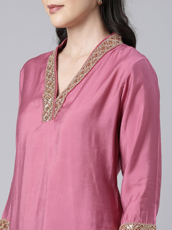 Neerus Pink solid straight suit set with dupatta - detail view 1
