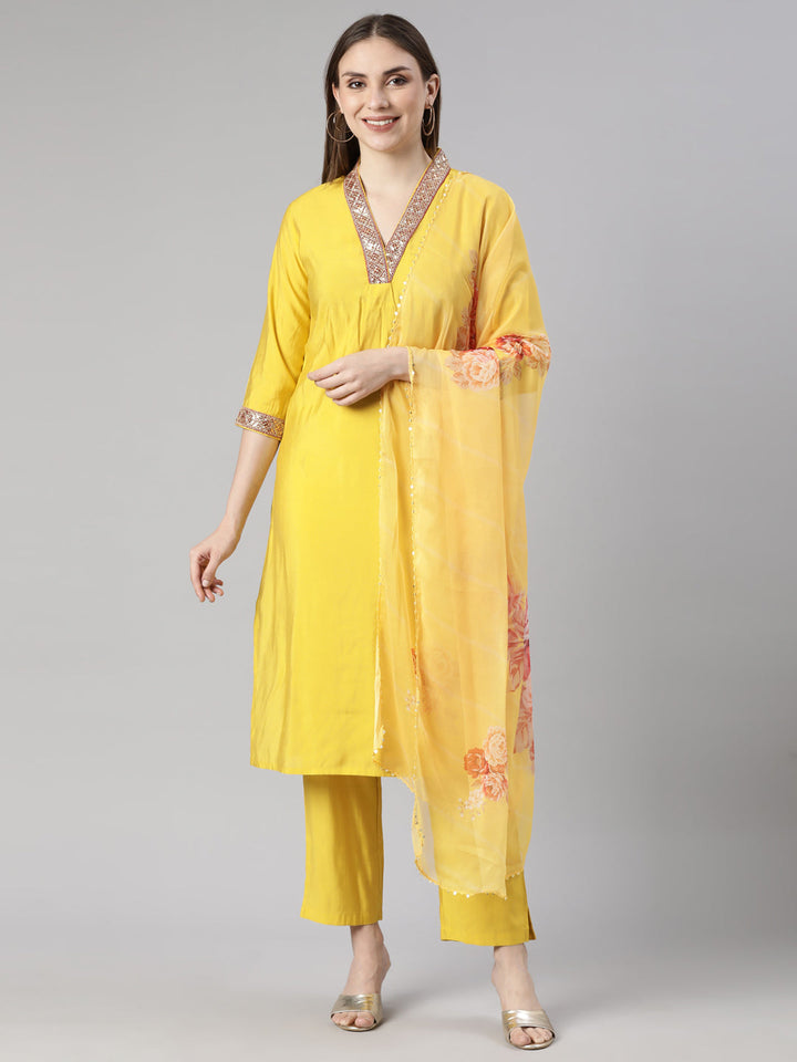 Neerus Yellow Regular Straight Solid Kurta And  Trousers With Dupatta