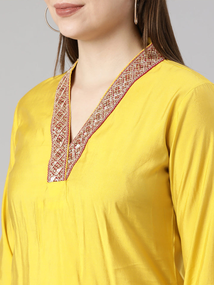 Neerus Yellow Regular Straight Solid Kurta And  Trousers With Dupatta