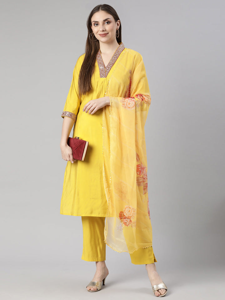 Neerus Yellow Regular Straight Solid Kurta And  Trousers With Dupatta