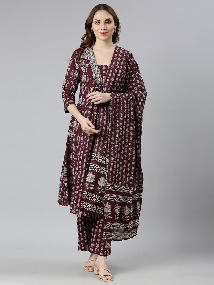 Neerus Purple printed floral straight suit set - front view