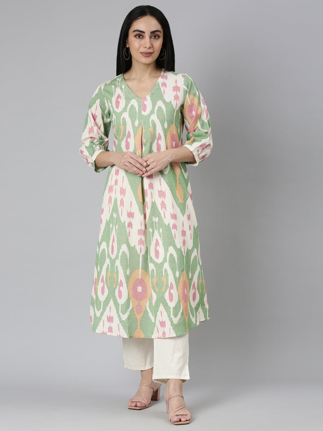 Neerus Green cotton printed kurta set - front view