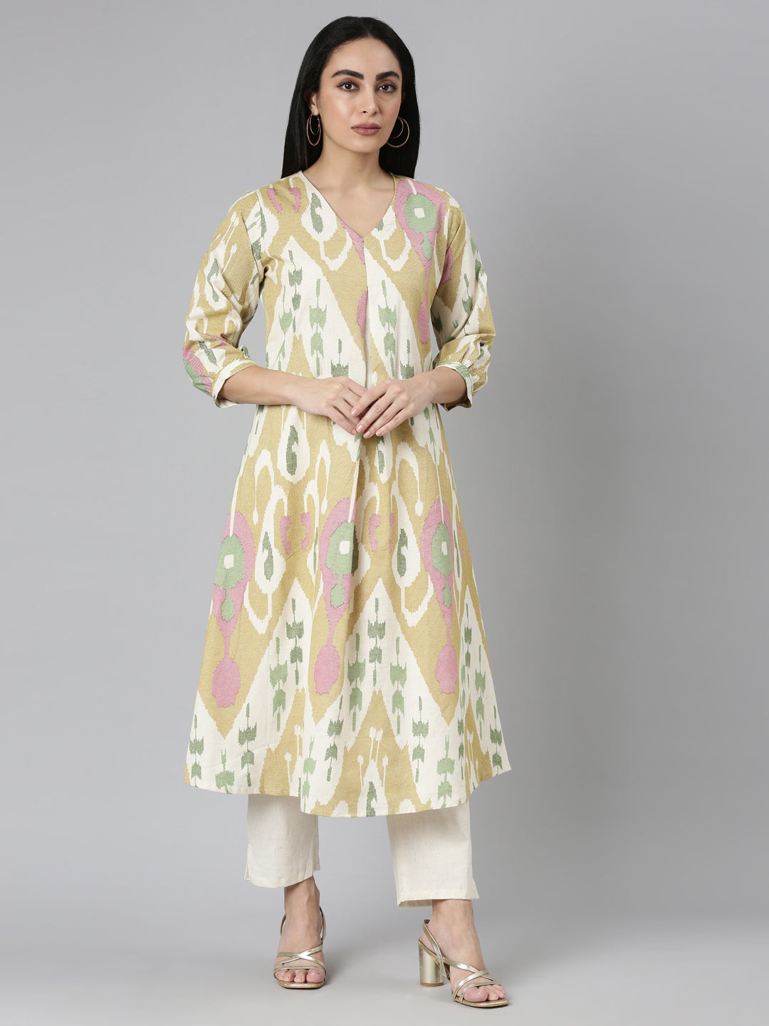 Neerus Yellow printed straight kurta set with trouser - front view