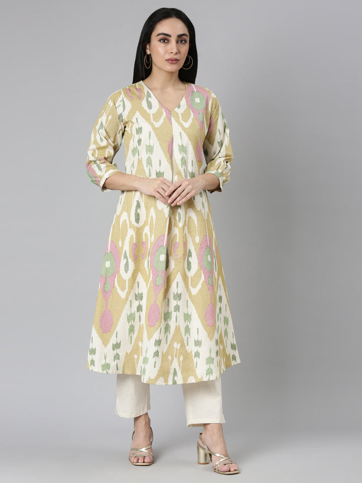 Neerus Yellow printed straight kurta set with trouser - front view