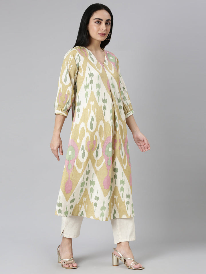 Neerus Yellow printed straight kurta set with trouser - back view