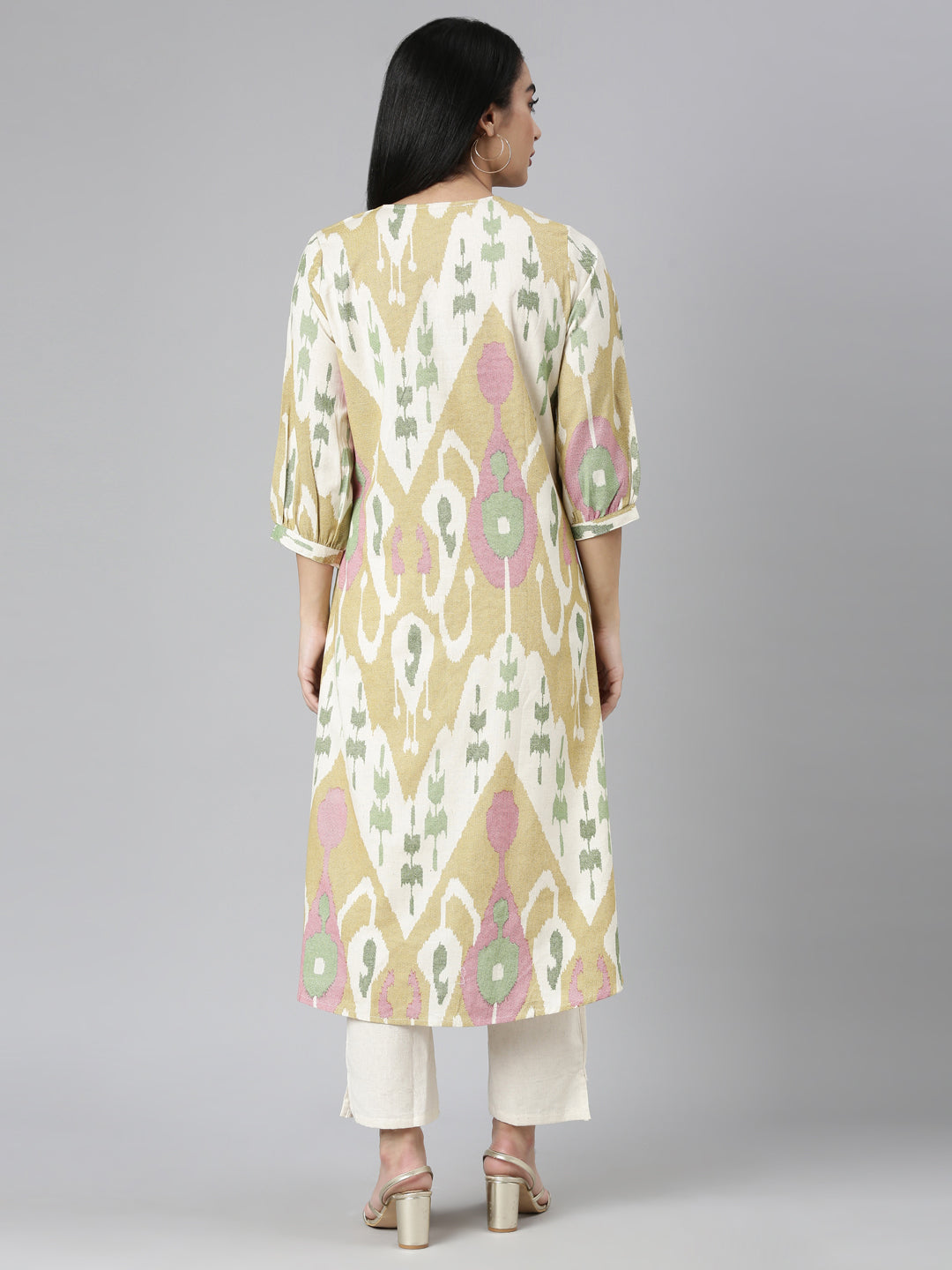 Neerus Yellow printed straight kurta set with trouser - side view