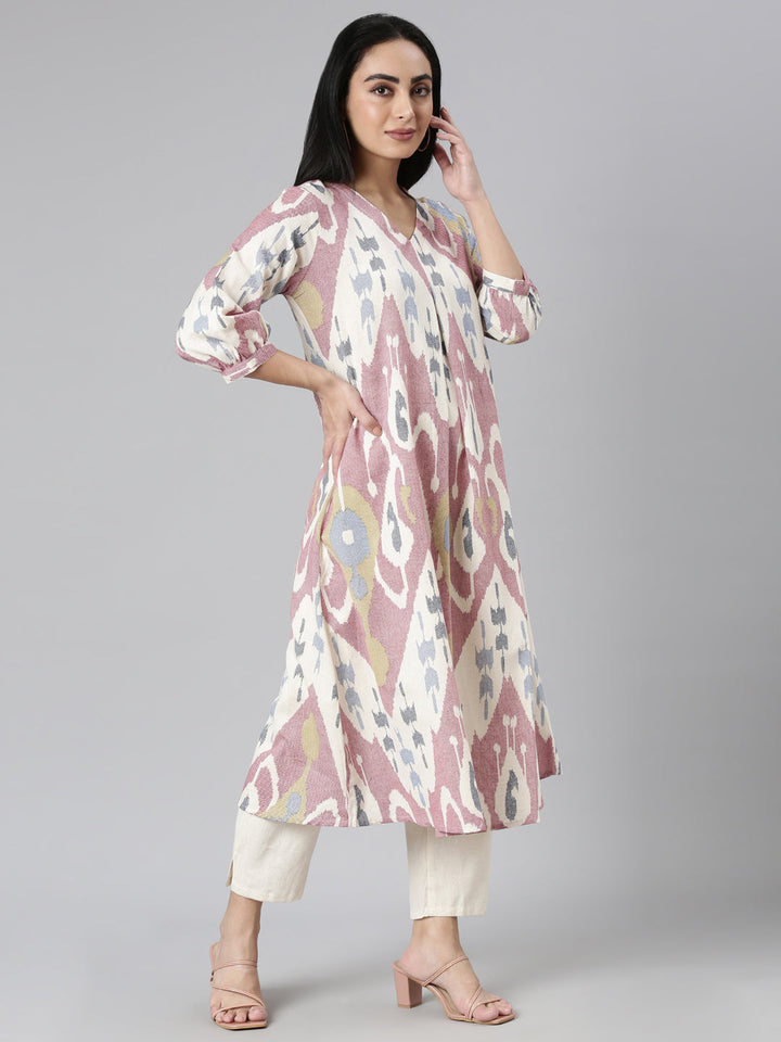 Neerus Pink printed straight kurta set with trouser - back view