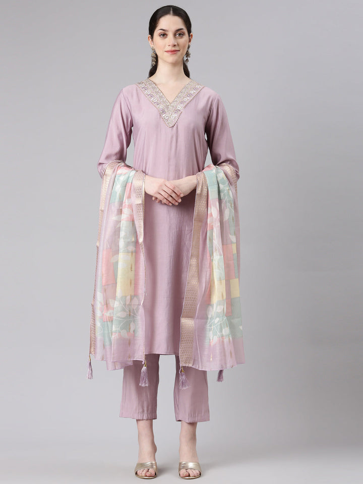 Neerus Women Purple Straight Kurta and Trousers With Dupatta