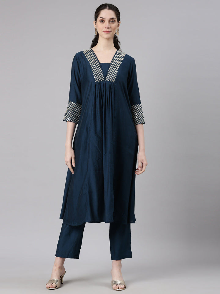Neerus Blue modal solid kurta set - front view