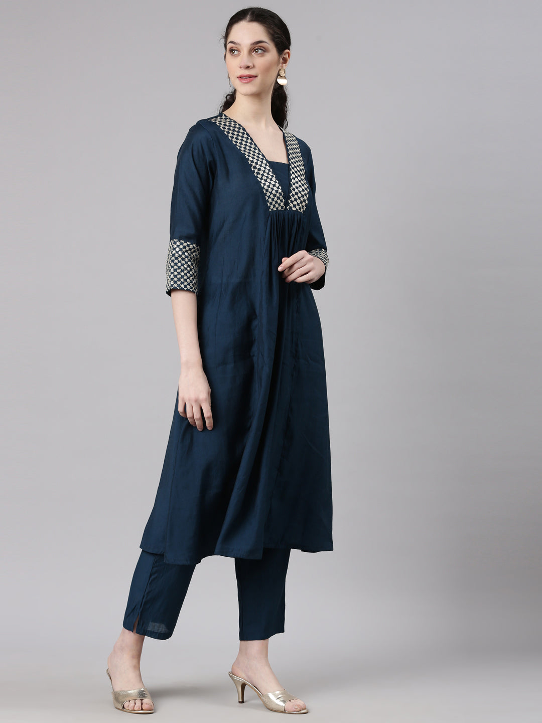 Neerus Blue modal solid kurta set - side view