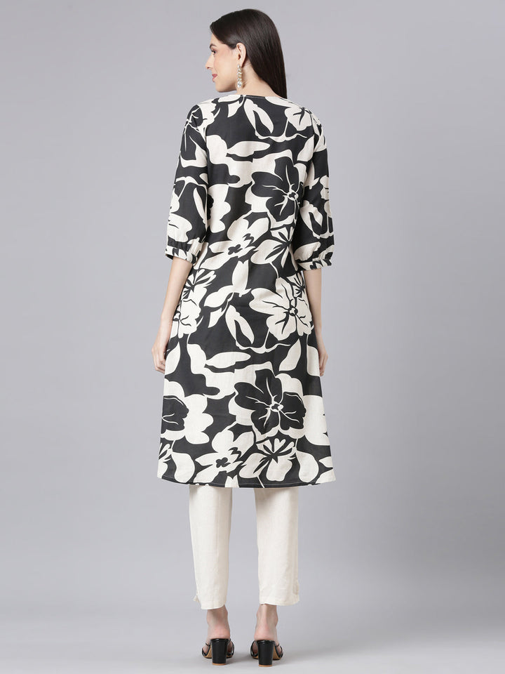 Neerus Black Printed Straight Kurta and Trousers