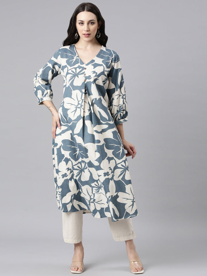 Neerus Blue Regular Straight Kurta and Trousers