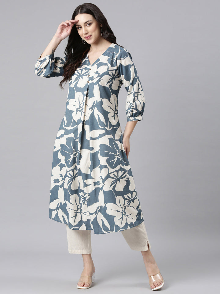 Neerus Blue Regular Straight Kurta and Trousers