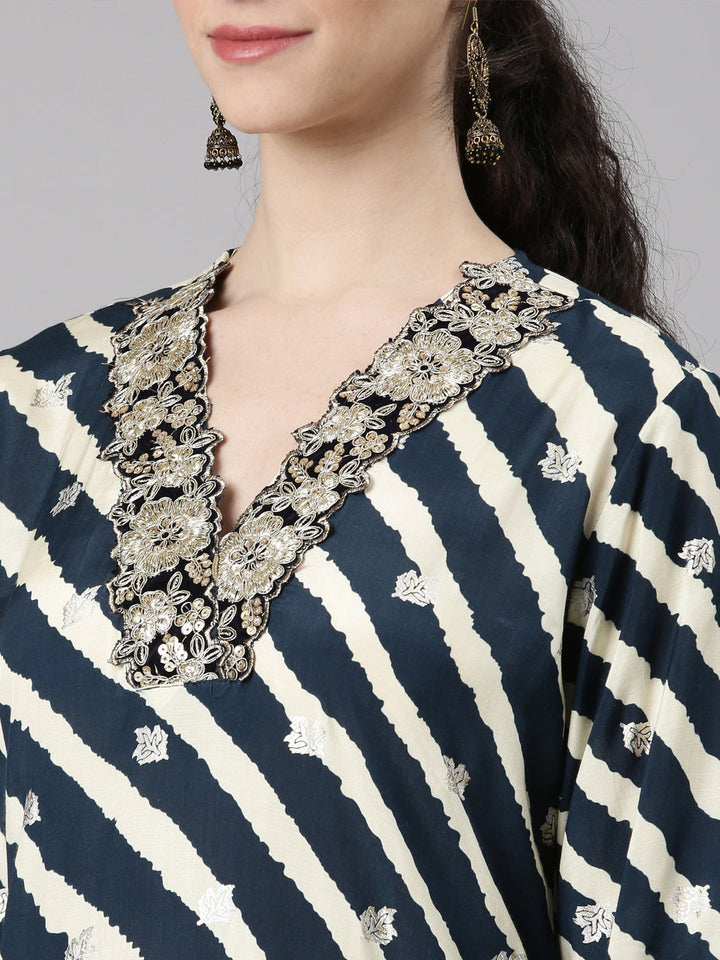 Neerus Navy Blue Straight Casual Leheriya Kurta and Palazzo