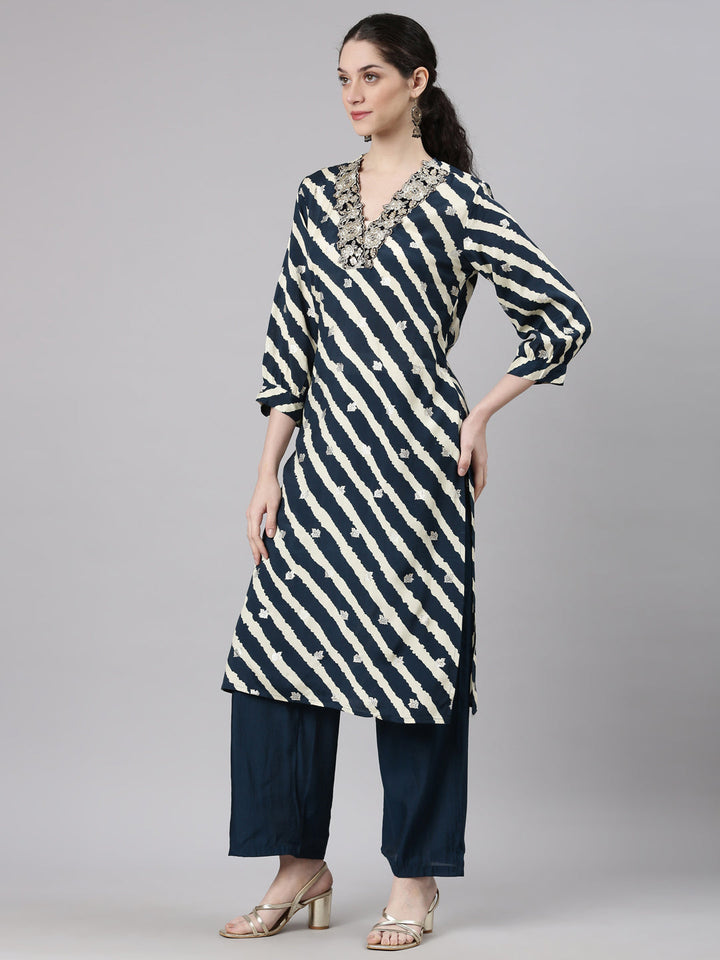 Neerus Navy Blue Straight Casual Leheriya Kurta and Palazzo