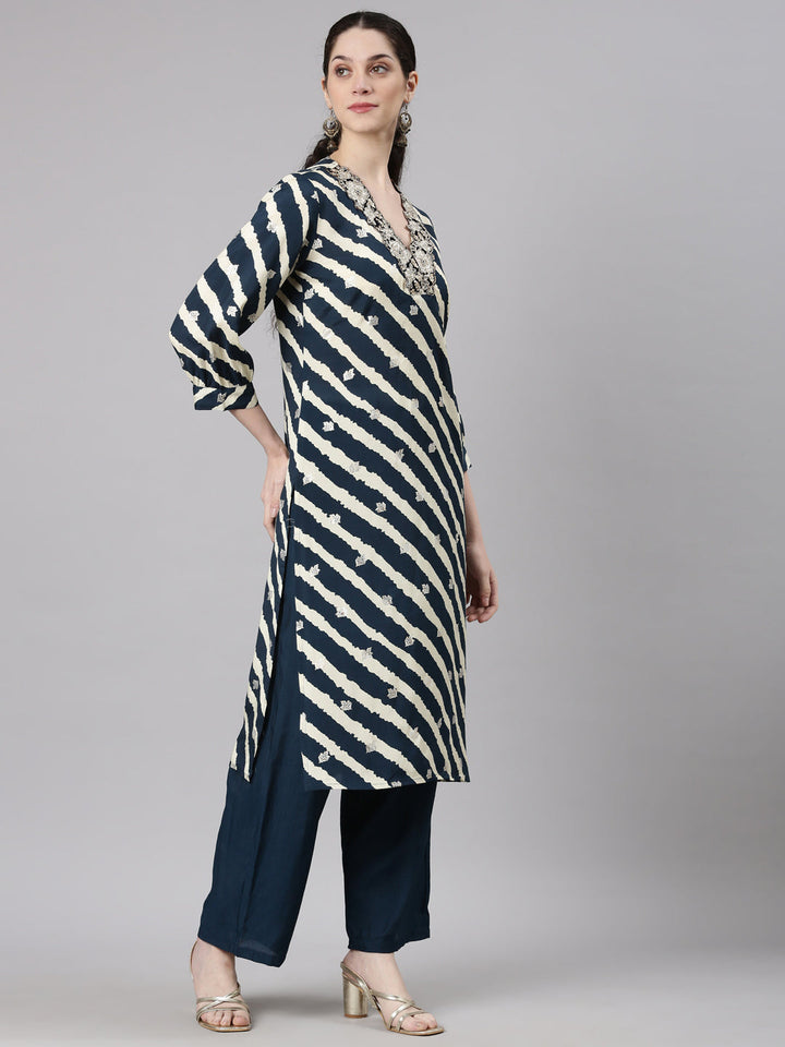 Neerus Navy Blue Straight Casual Leheriya Kurta and Palazzo