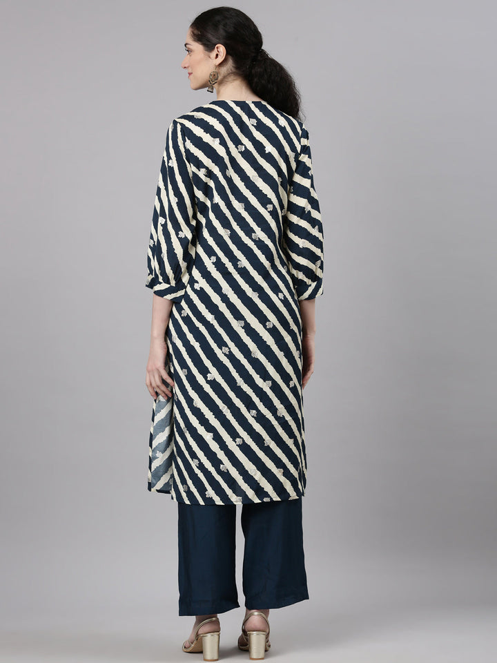 Neerus Navy Blue Straight Casual Leheriya Kurta and Palazzo