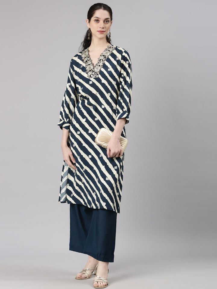 Neerus Navy Blue Straight Casual Leheriya Kurta and Palazzo