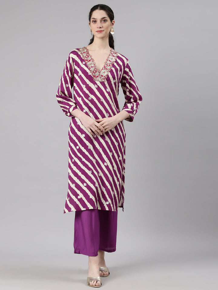 Neerus Purple muslin printed kurta set - front view