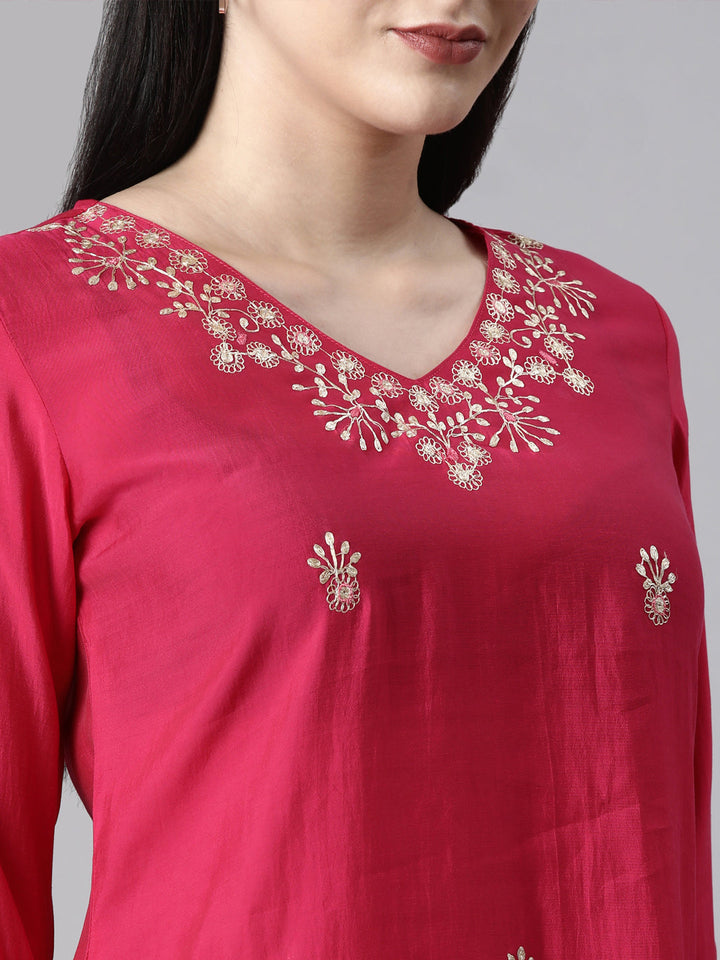 Neerus Pink Casual Solid Straight Kurta and Trousers With Dupatta