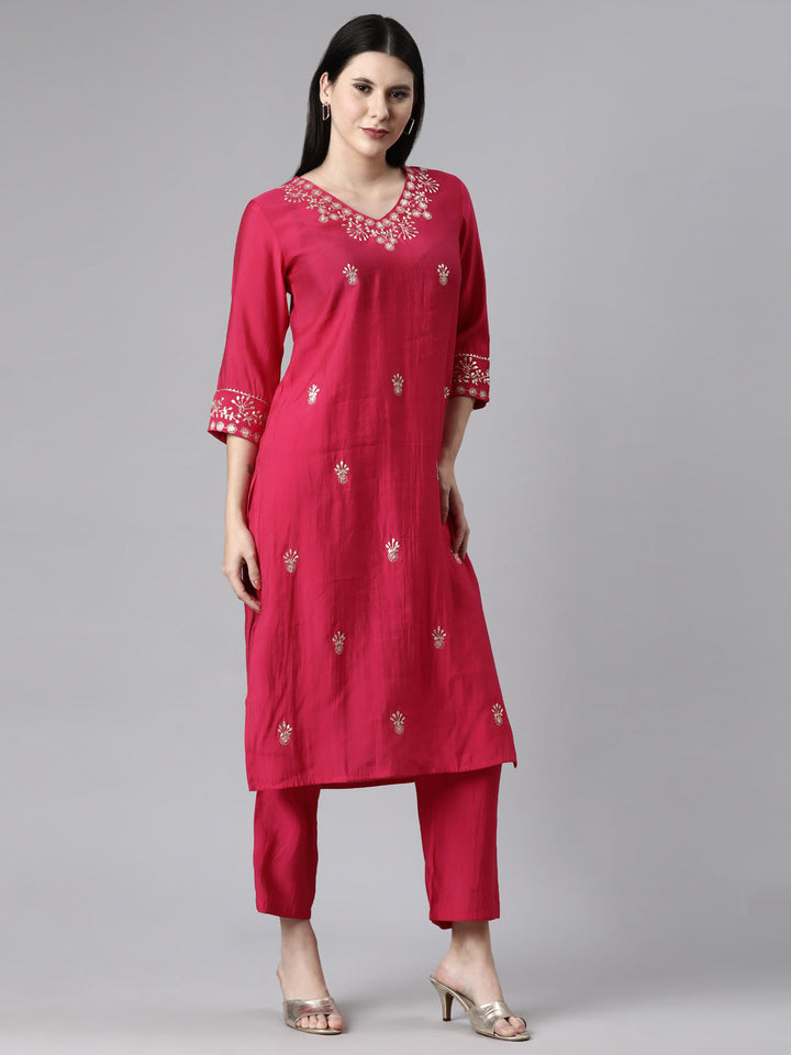 Neerus Pink Casual Solid Straight Kurta and Trousers With Dupatta