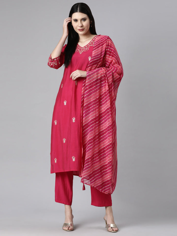 Neerus Pink Casual Solid Straight Kurta and Trousers With Dupatta