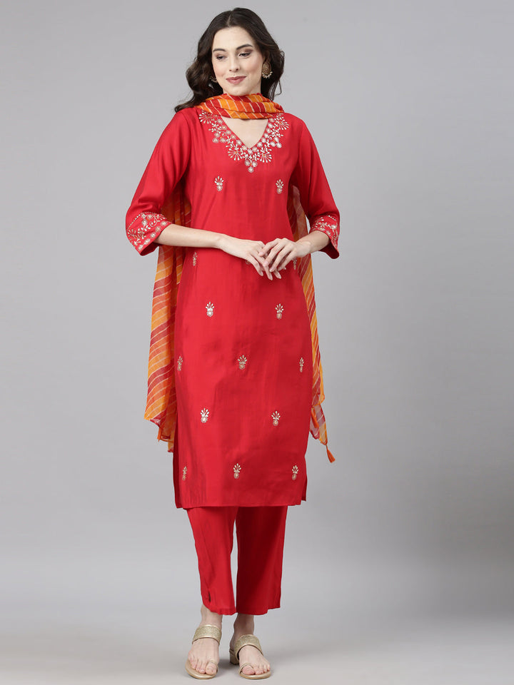 Neerus Red Casual Solid Straight Kurta and Trousers With Dupatta