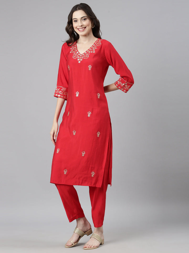 Neerus Red Casual Solid Straight Kurta and Trousers With Dupatta