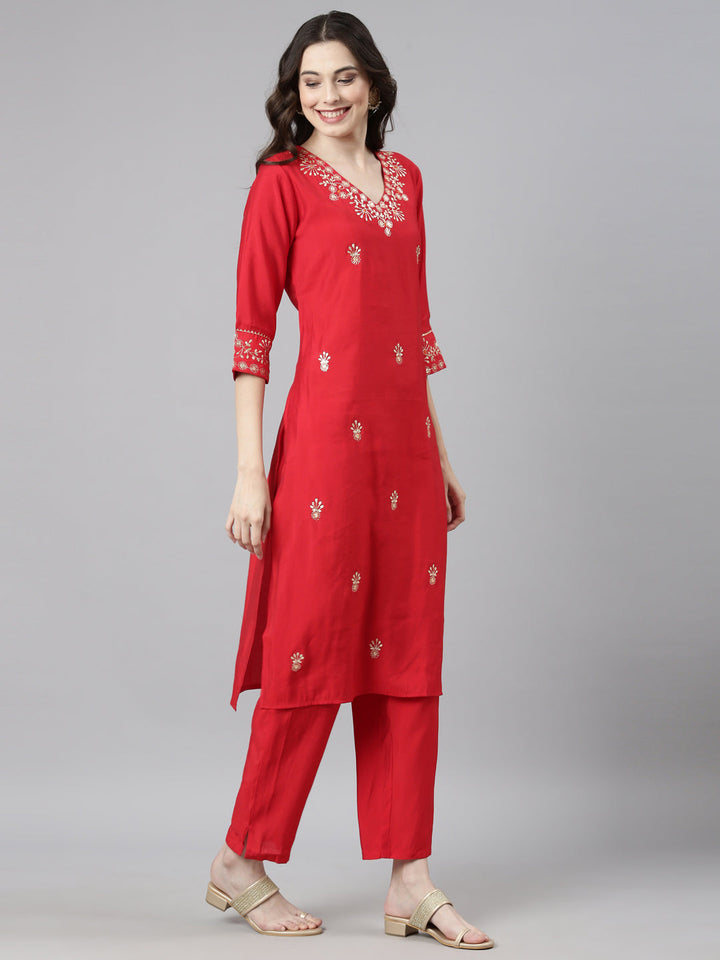 Neerus Red Casual Solid Straight Kurta and Trousers With Dupatta