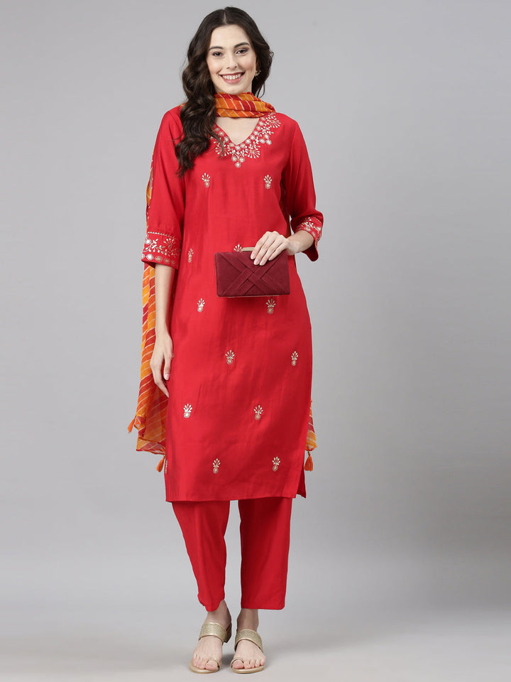 Neerus Red Casual Solid Straight Kurta and Trousers With Dupatta