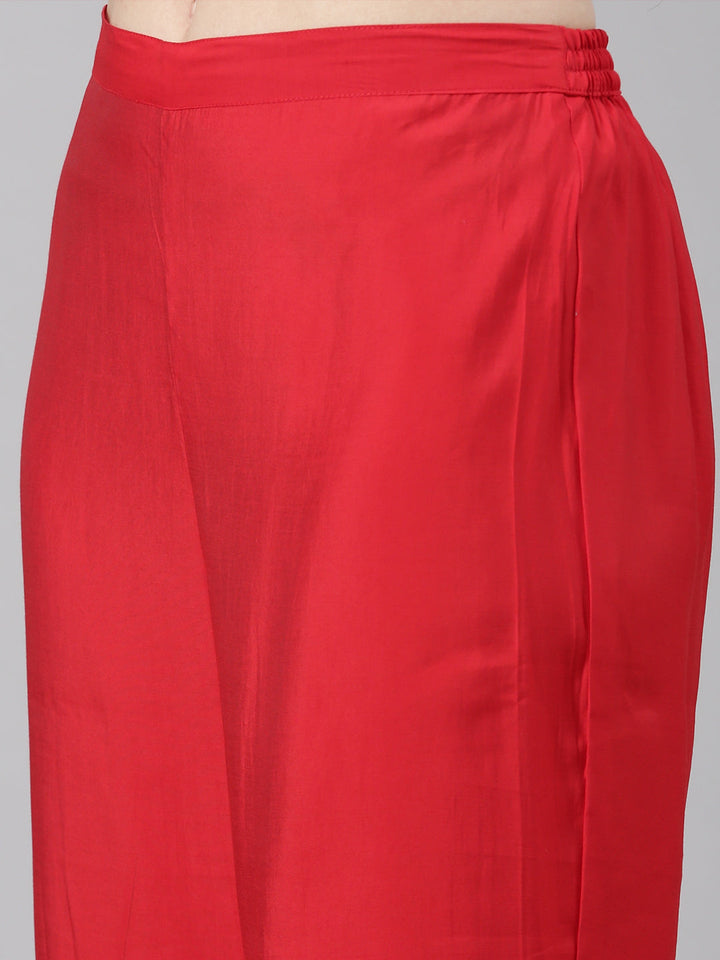 Neerus Red Casual Solid Straight Kurta and Trousers With Dupatta