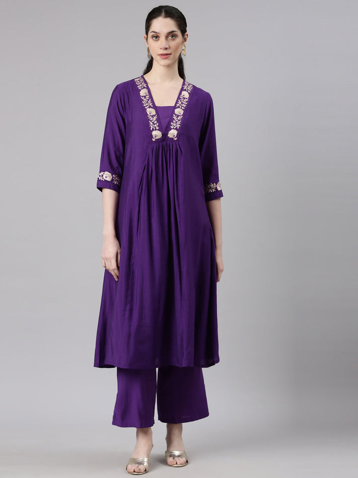 Neerus Purple shantoon printed kurta set with trouser - front view