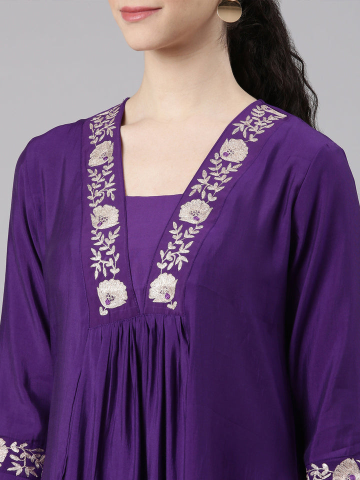 Neerus Purple shantoon printed kurta set with trouser - detail view 2