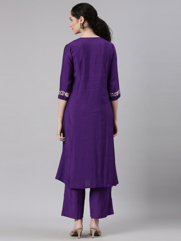 Neerus Purple shantoon printed kurta set with trouser - detail view 1