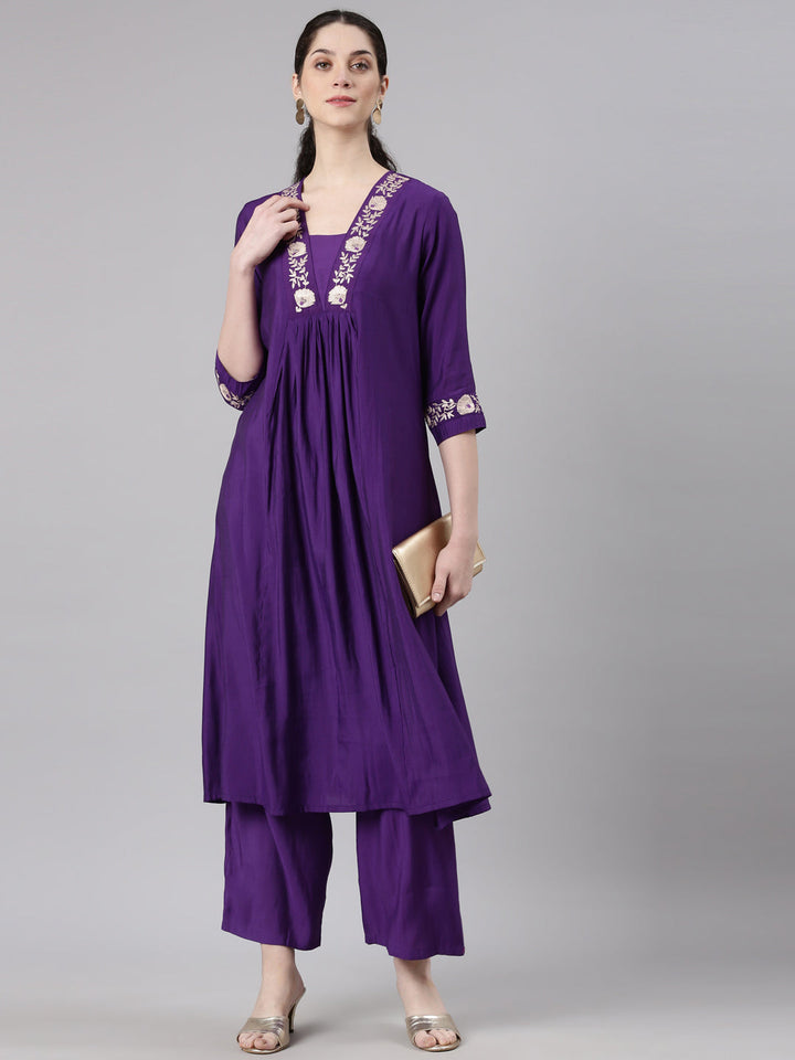 Neerus Purple shantoon printed kurta set with trouser - detail view 3