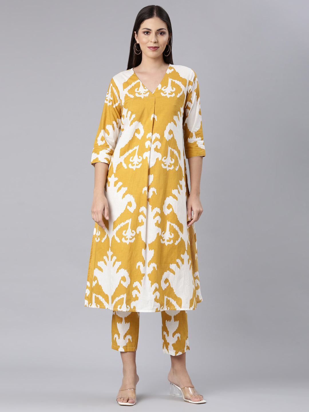 Neerus Yellow cotton printed kurta set - front view