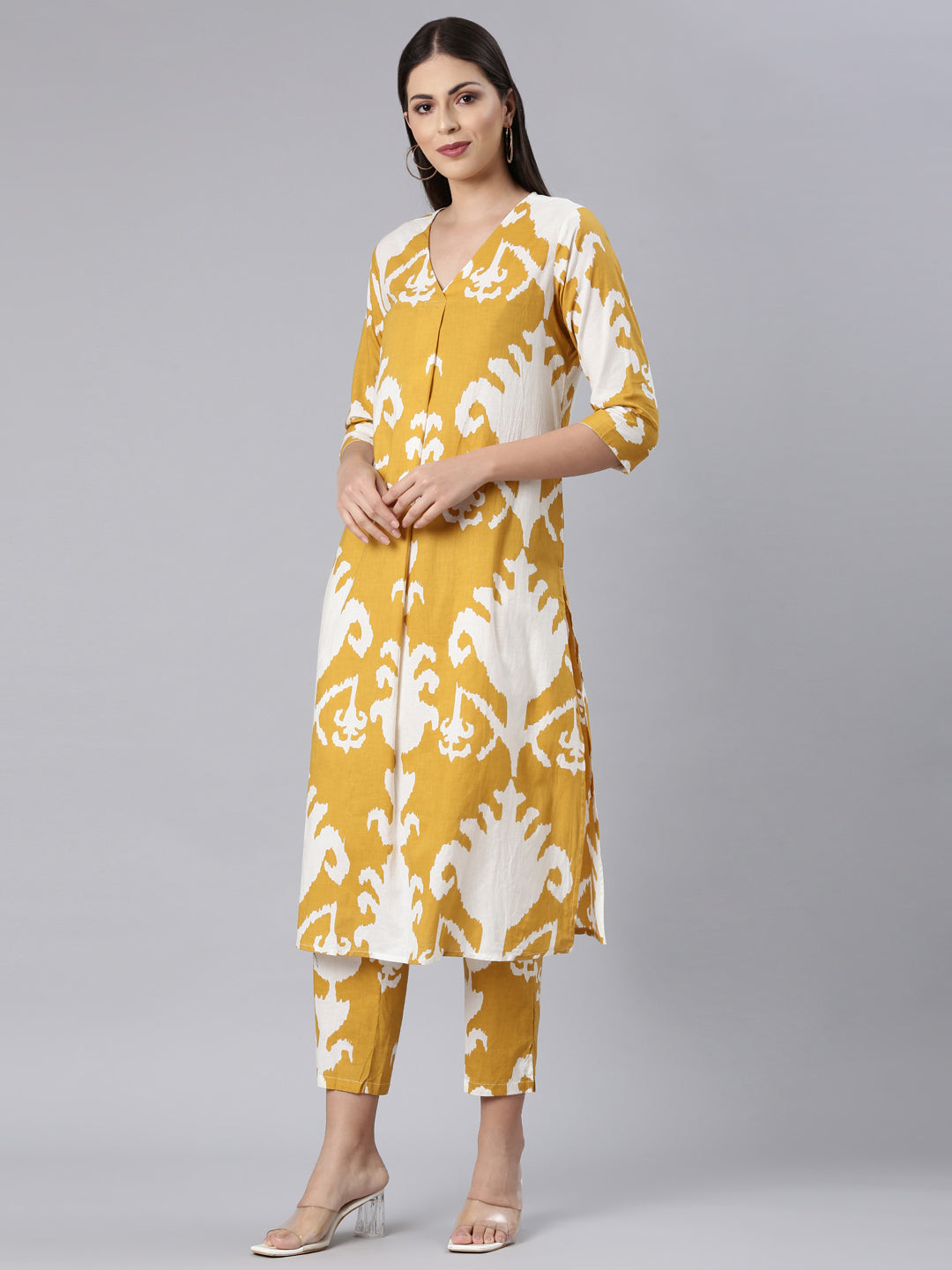 Neerus Yellow cotton printed kurta set - back view