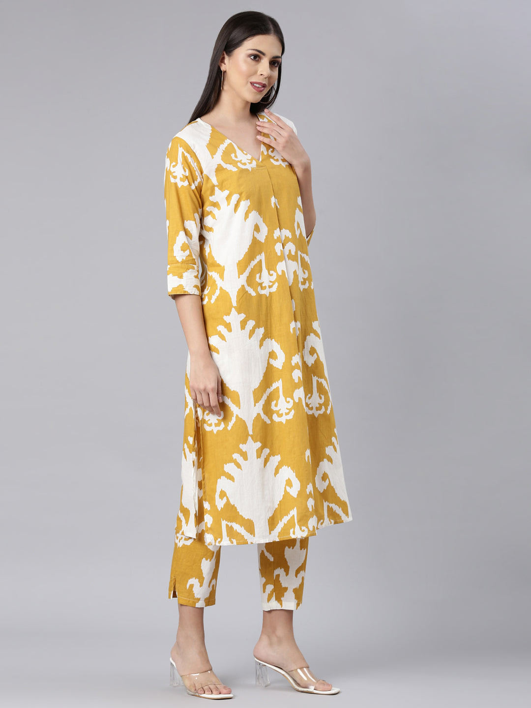 Neerus Yellow cotton printed kurta set - side view