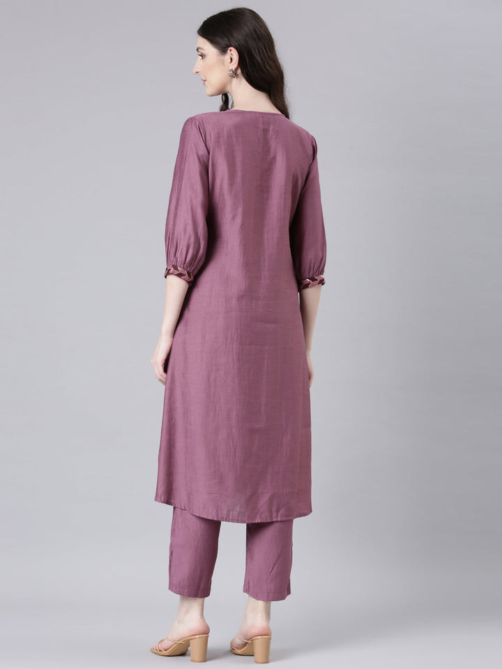 Neerus Purple Solid Straight Kurta and Trousers