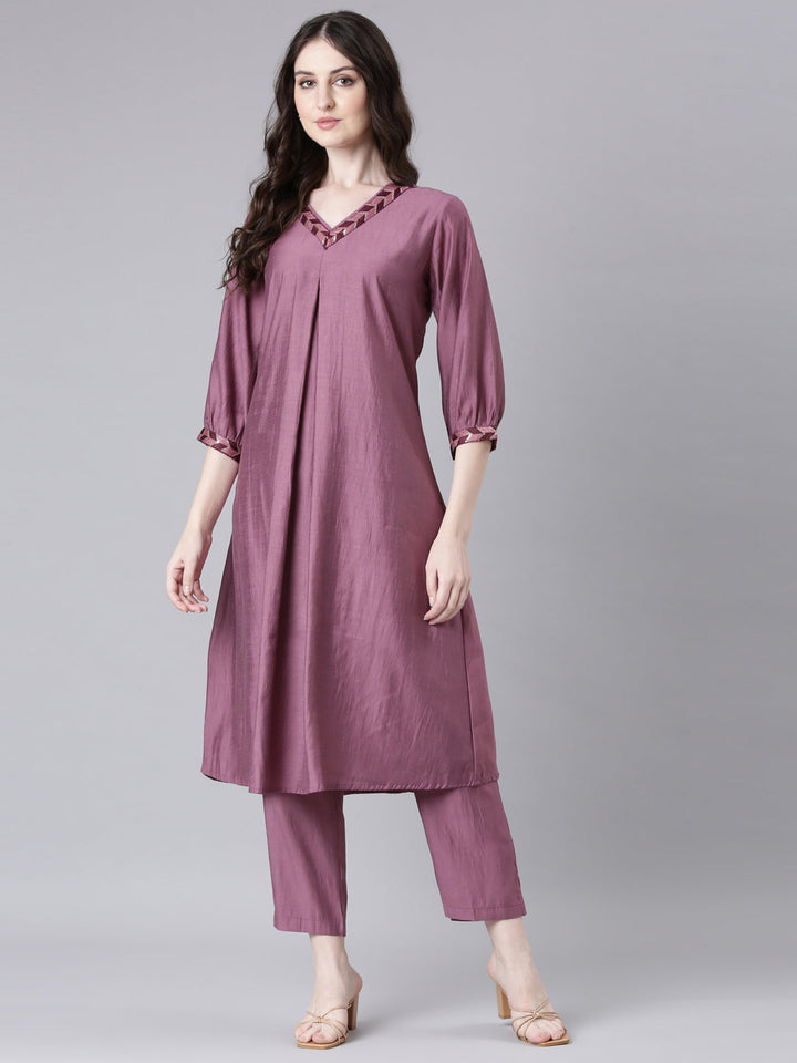 Neerus Purple Solid Straight Kurta and Trousers