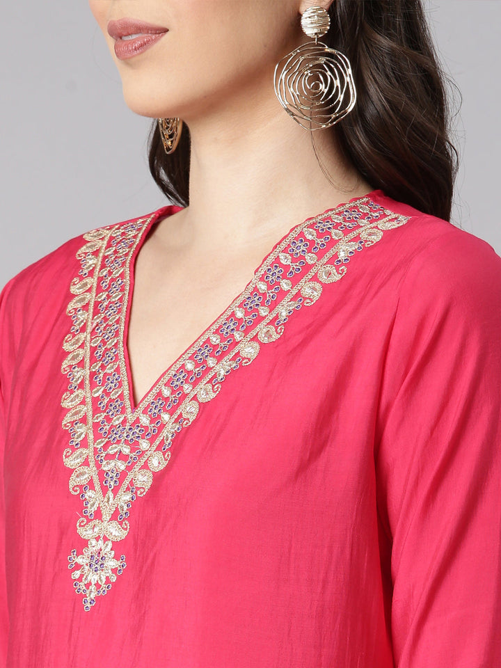 Neerus Pink Solid Straight Kurta and Trousers With Dupatta