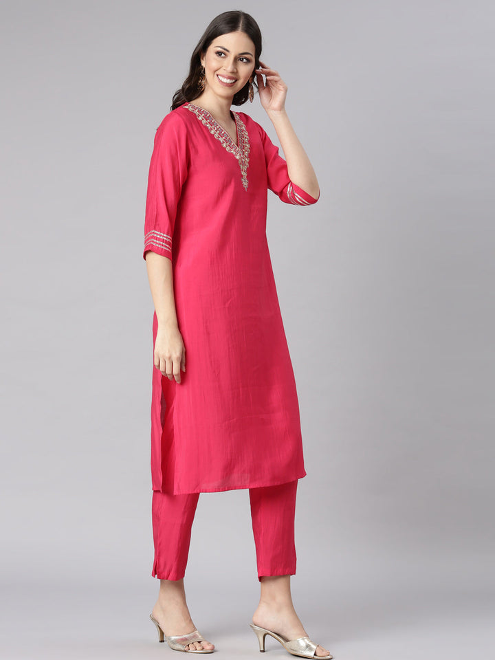 Neerus Pink Solid Straight Kurta and Trousers With Dupatta