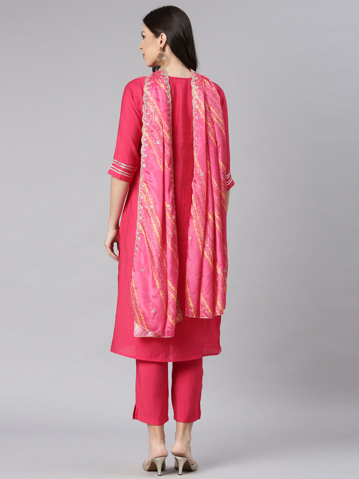 Neerus Pink Solid Straight Kurta and Trousers With Dupatta