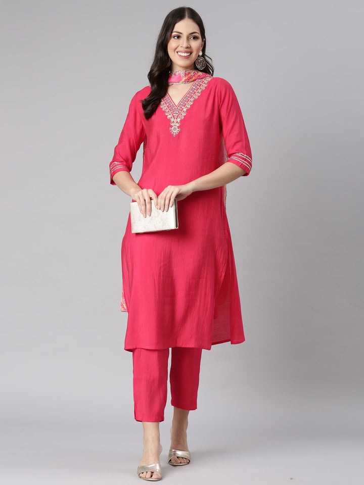 Neerus Pink Solid Straight Kurta and Trousers With Dupatta