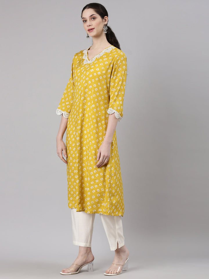Neerus Yellow modal solid kurta set with trouser - back view