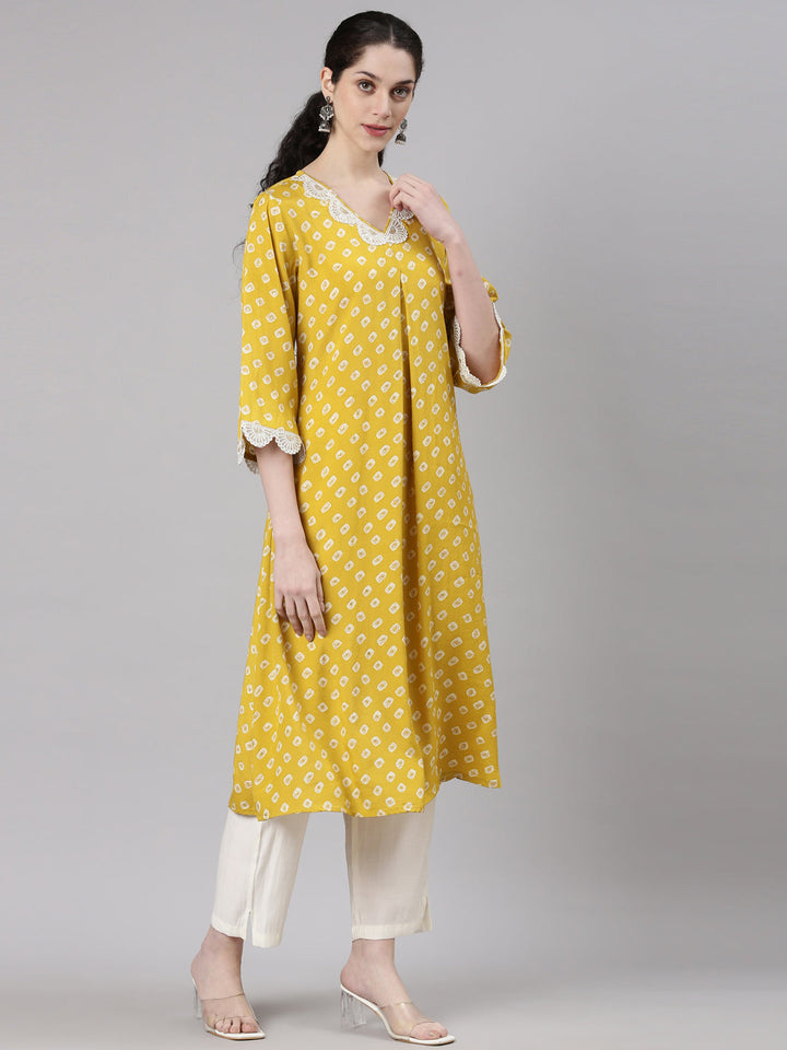 Neerus Yellow modal solid kurta set with trouser - side view