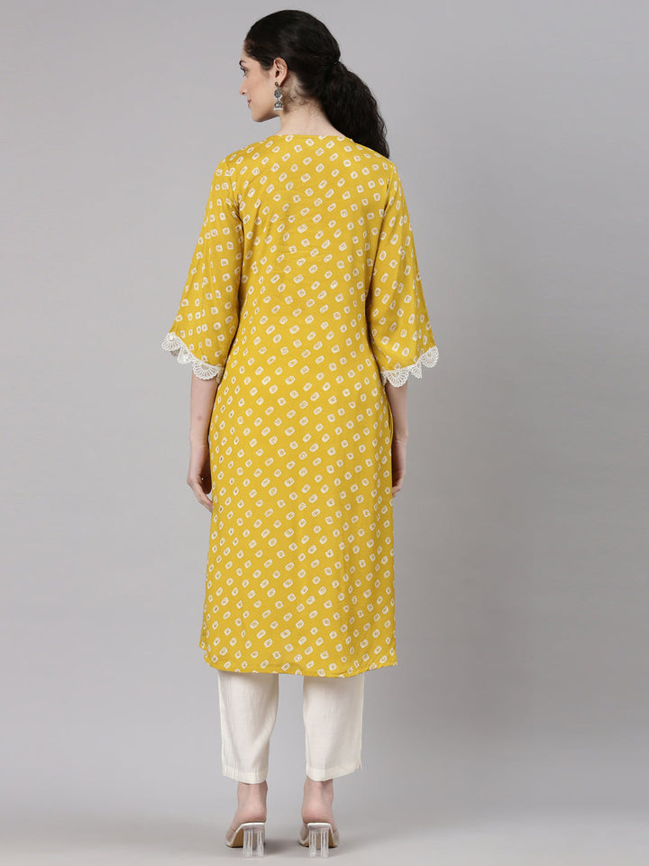 Neerus Yellow modal solid kurta set with trouser - detail view 1