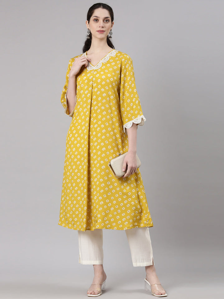 Neerus Yellow modal solid kurta set with trouser - detail view 3