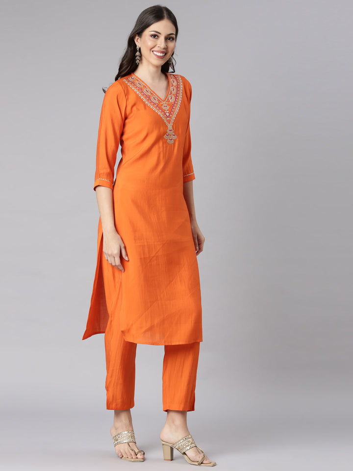 Neerus Orange Shantoon Solid Suit Set - back view